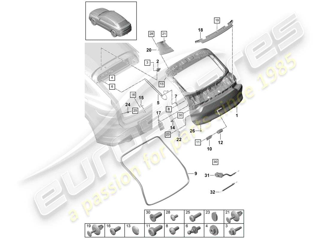 porsche cayenne e3 (2020) rear trunk lid part diagram