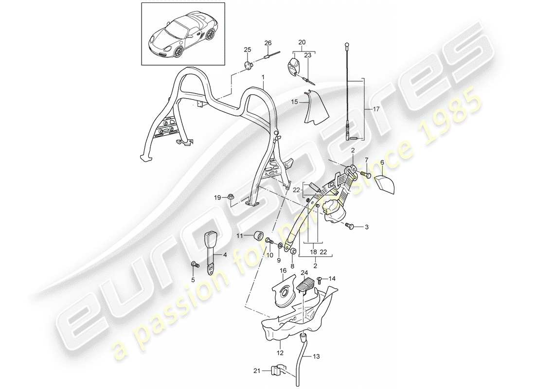 porsche boxster 987 (2009) roll bar part diagram