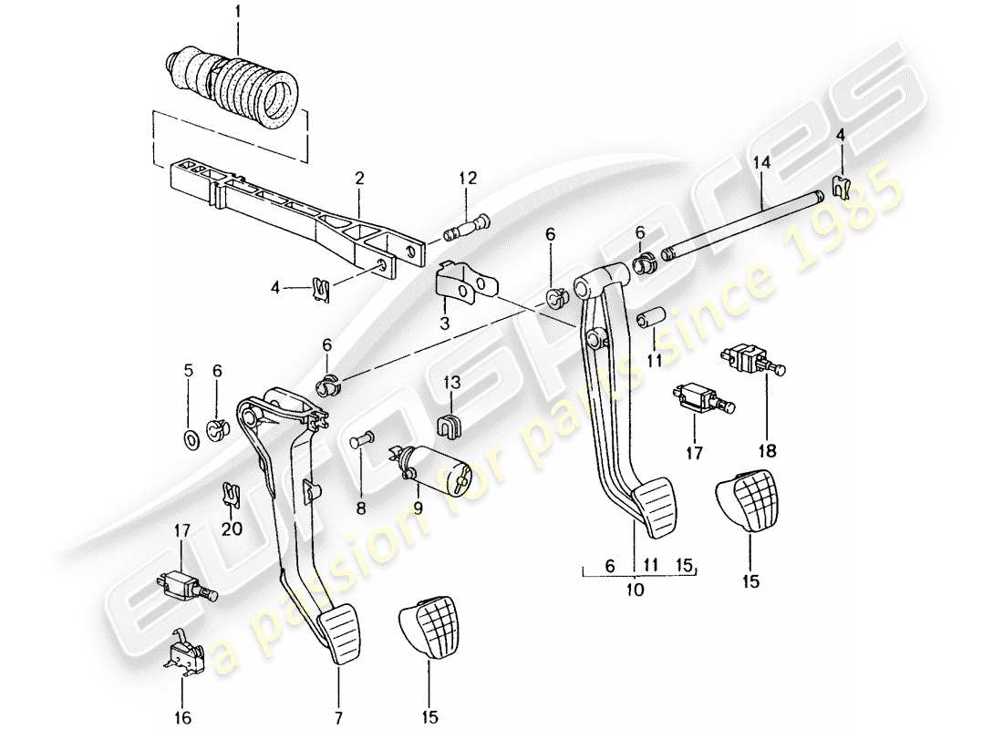 porsche boxster 986 (2002) brake and acc. pedal assembly part diagram