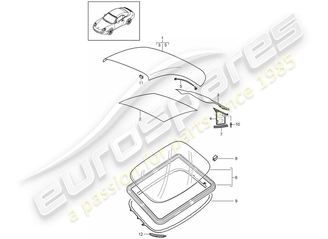 porsche 997 gen. 2 (2011) convertible top covering part diagram