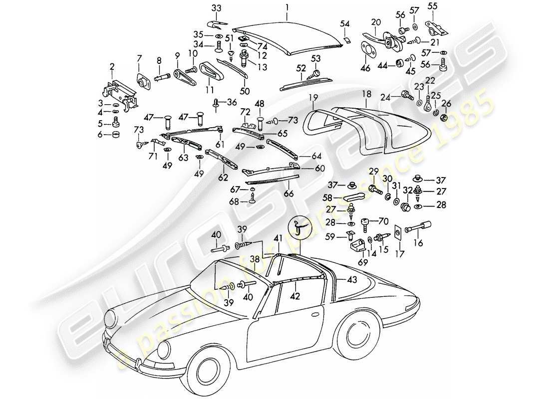 porsche 911/912 (1969) roof part diagram