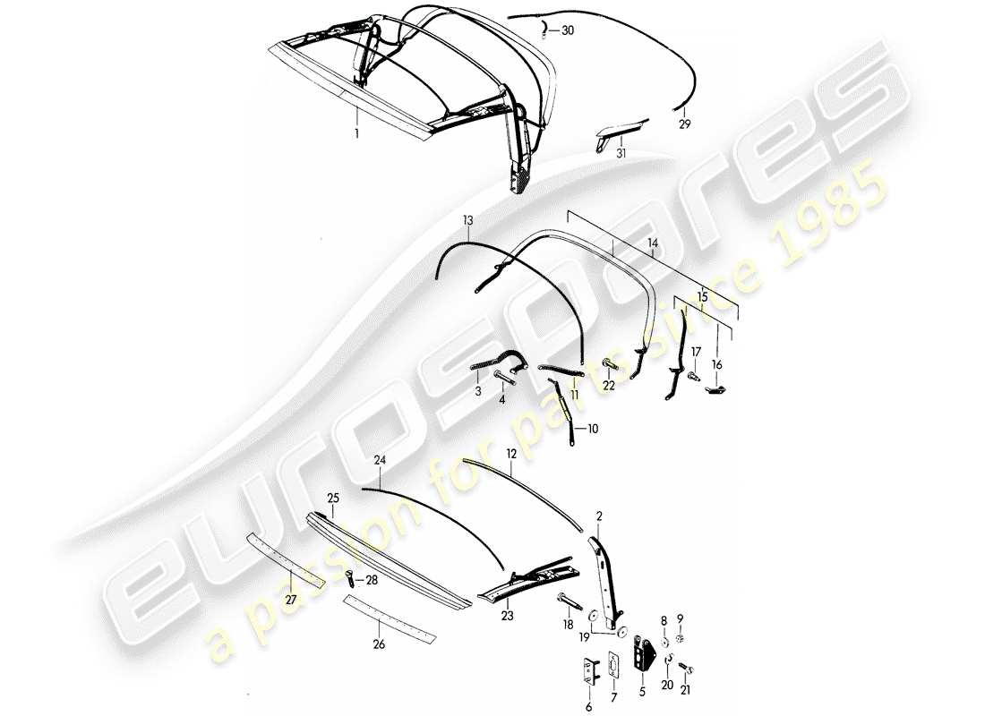 porsche 356b/356c (1964) top frame part diagram