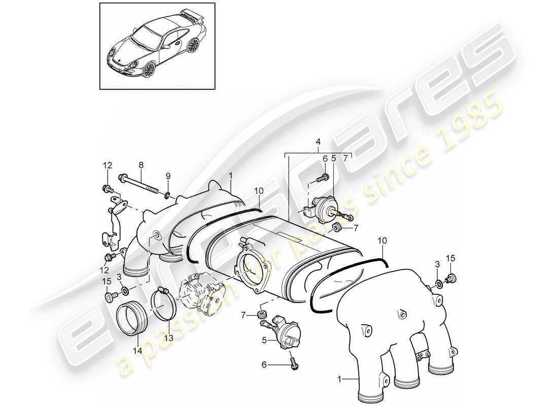 porsche 997 gt3 (2008) intake air distributor part diagram