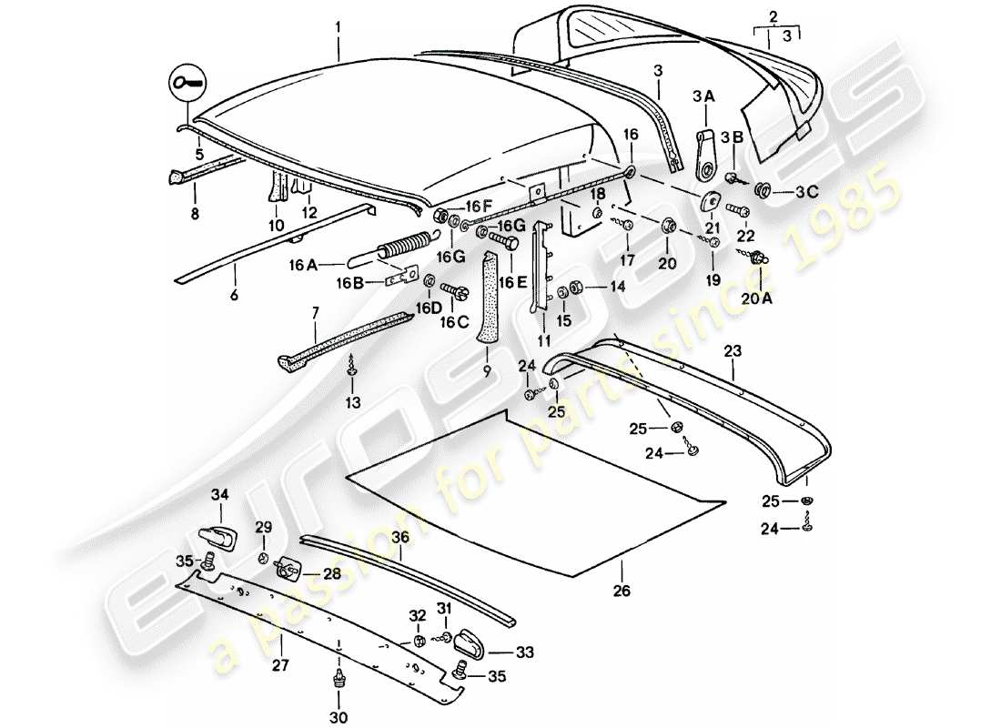 porsche 911 (1982) convertible top - seal strip - single parts part diagram