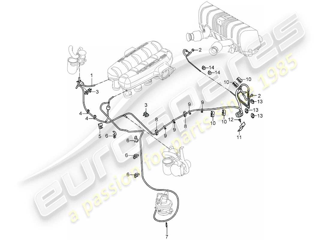 porsche carrera gt (2004) vacuum line - intake air distributor - vacuum tank - air injection - control box - exhaust silencer, rear part diagram