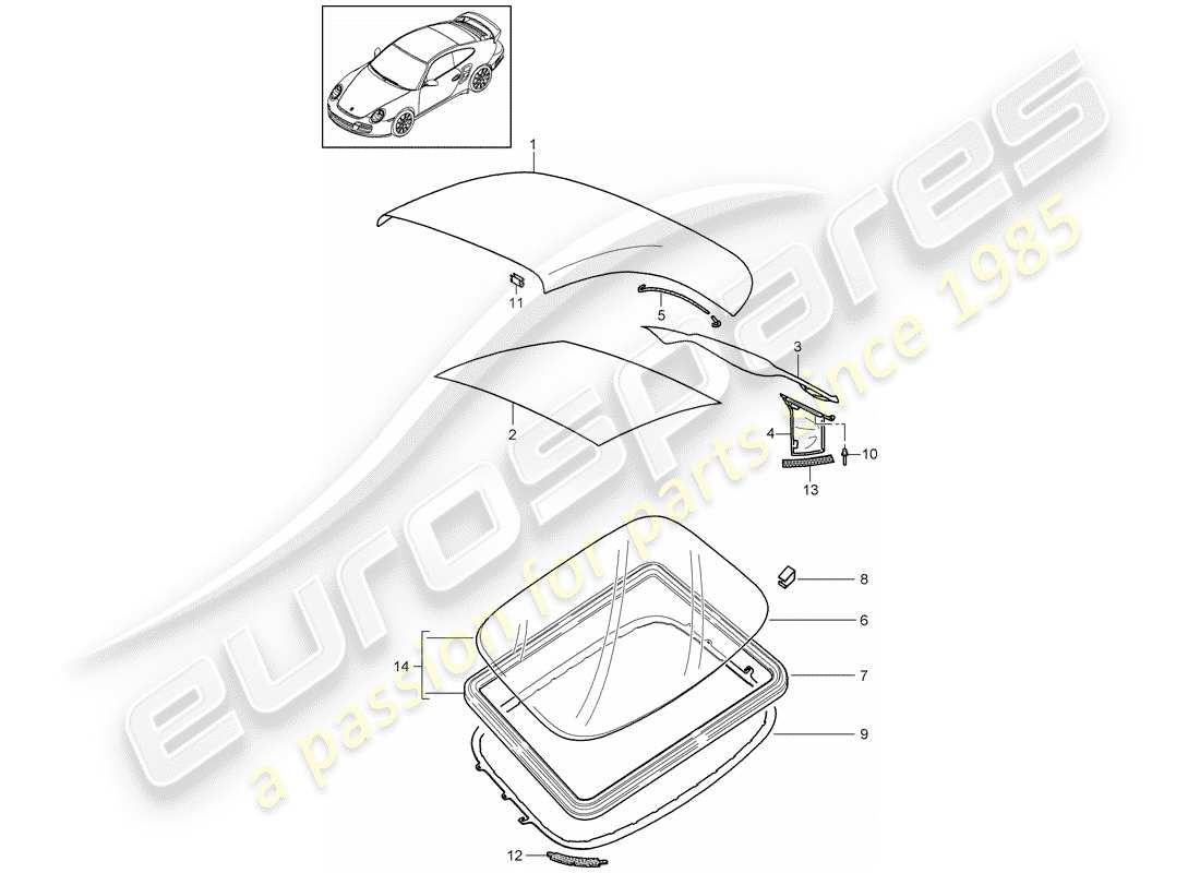 porsche 997 t/gt2 (2009) convertible top covering part diagram