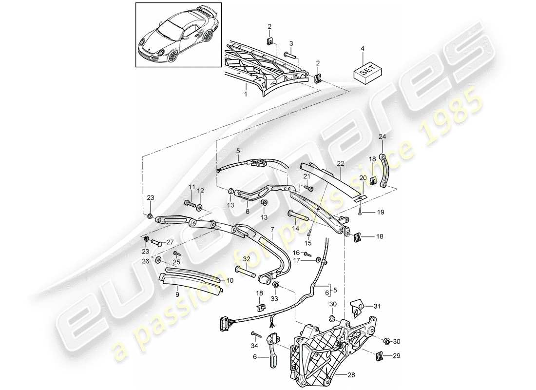 porsche 911 t/gt2rs (2013) top frame part diagram