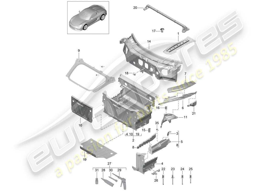 porsche boxster spyder (2016) front end part diagram