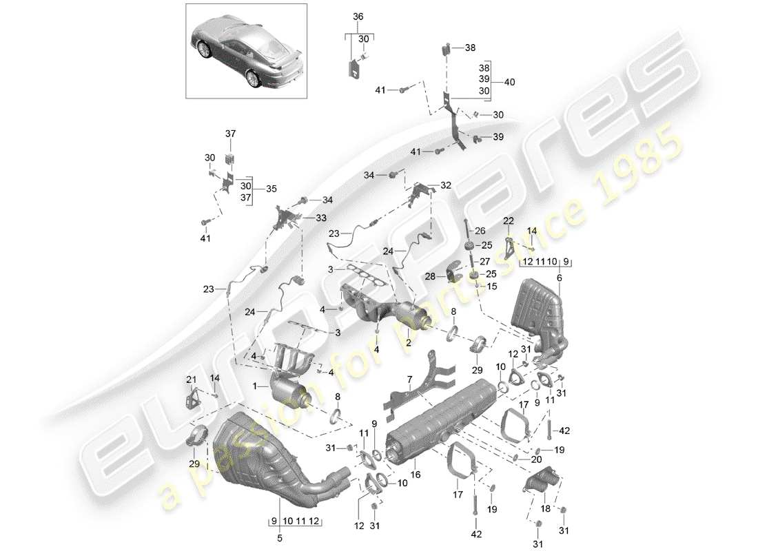 porsche 991r/gt3/rs (2015) exhaust system part diagram