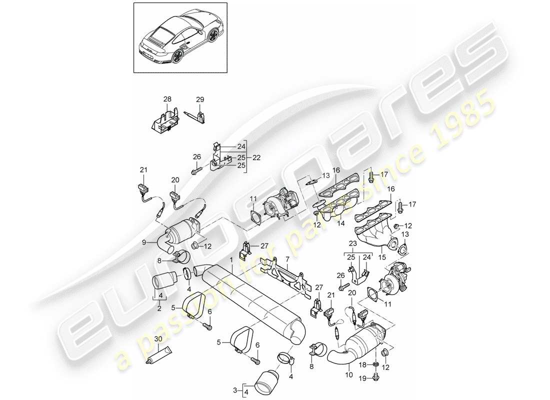 porsche 911 t/gt2rs (2013) exhaust system part diagram