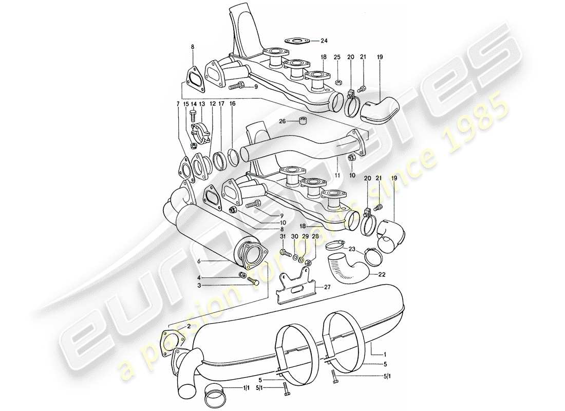 porsche 911 (1976) exhaust system - d - mj 1975>> part diagram