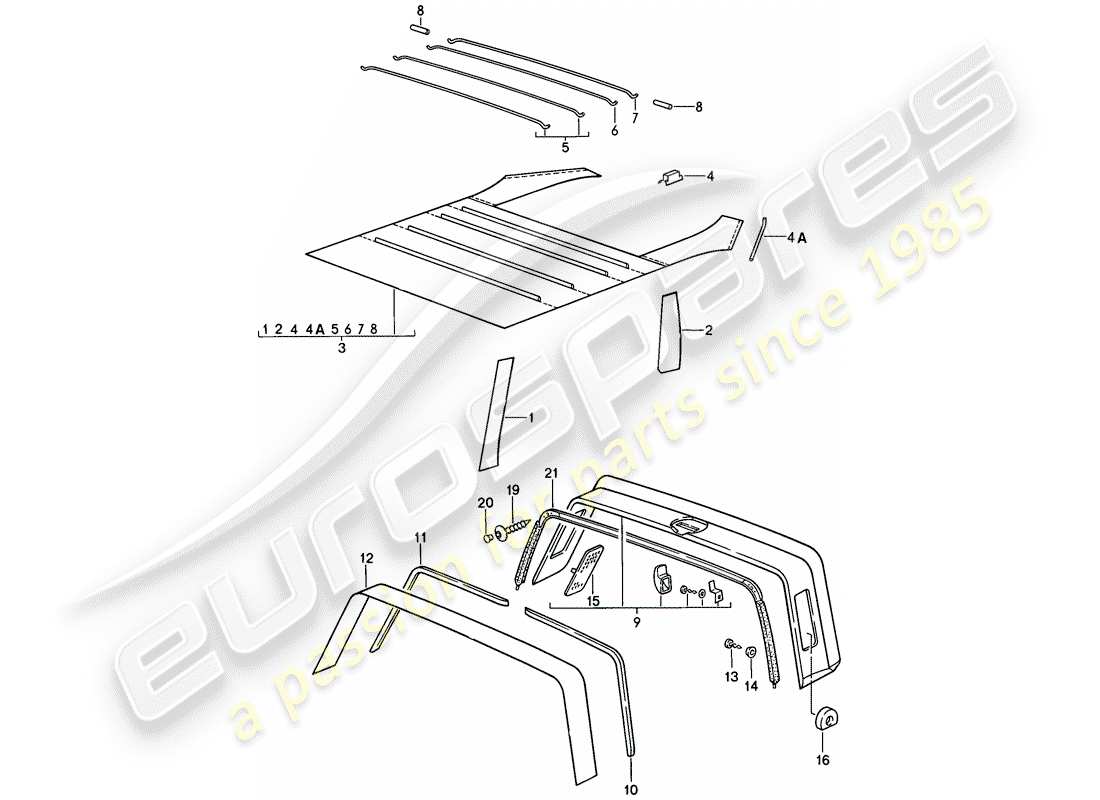 porsche 911 (1989) interior equipment - roof - roll bar part diagram