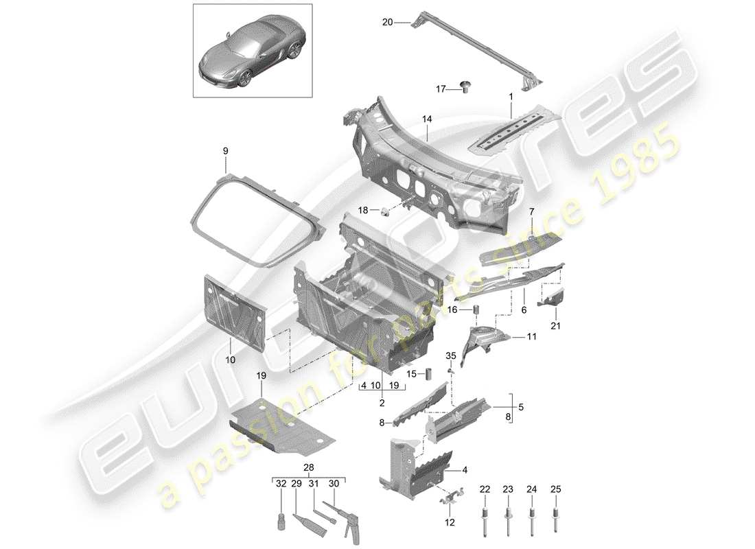 porsche boxster 981 (2013) front end part diagram