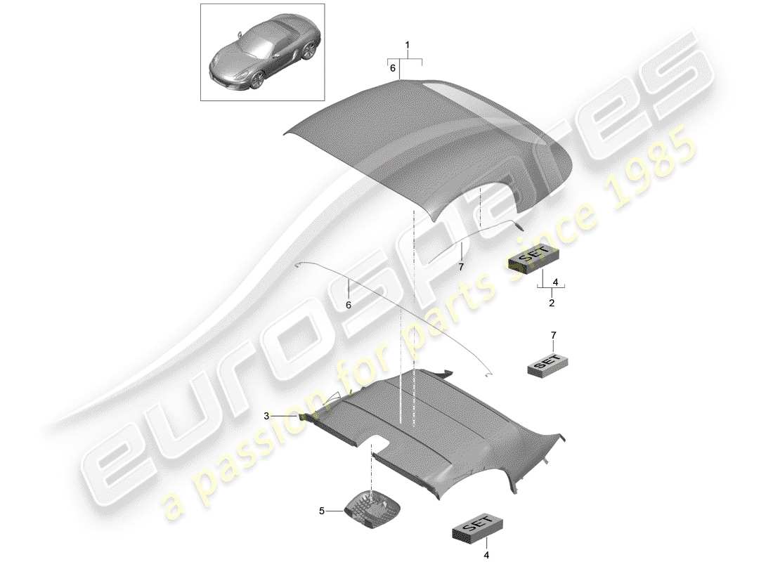 porsche boxster 981 (2013) convertible top covering part diagram