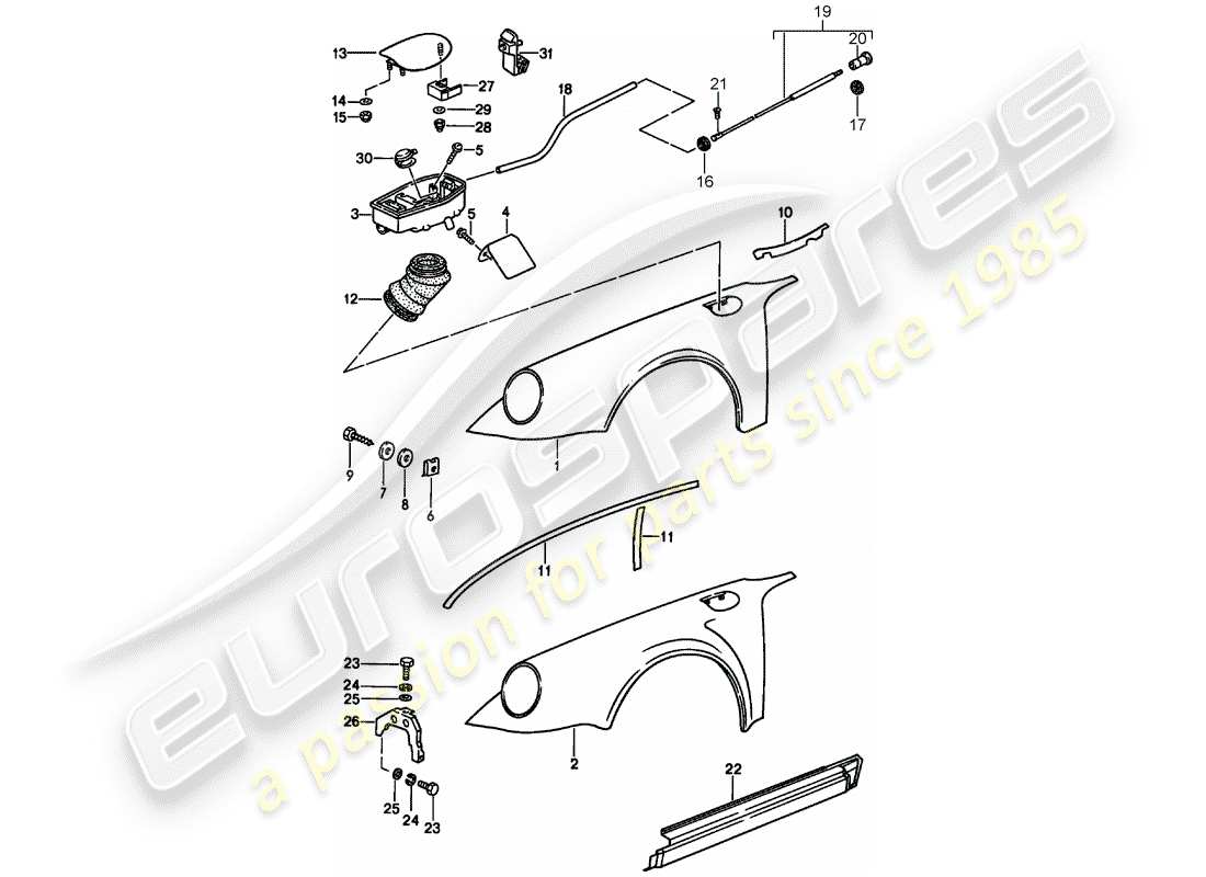 porsche 911 (1987) fender - with: - plastic cup for tank - to fit use workshop material part diagram