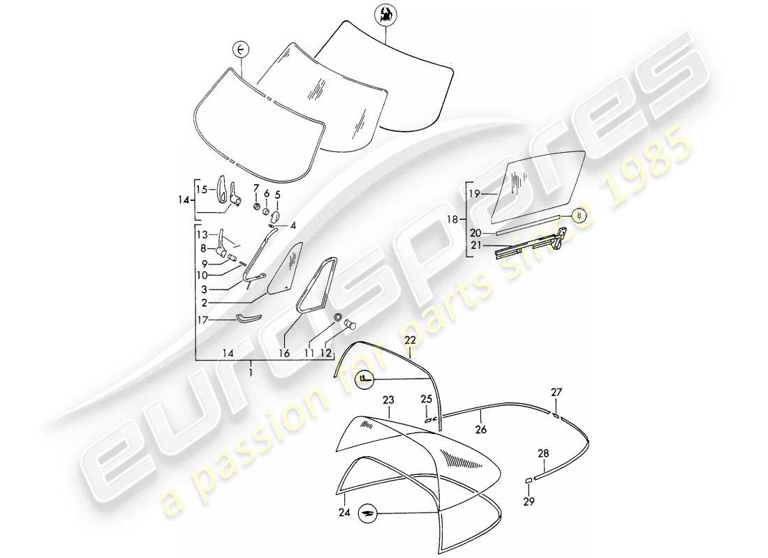 porsche 911/912 (1966) window glazing part diagram