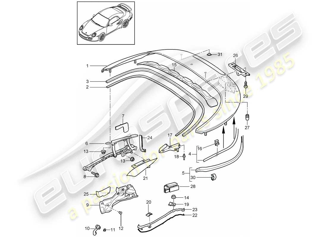 porsche 911 t/gt2rs (2013) top stowage box part diagram