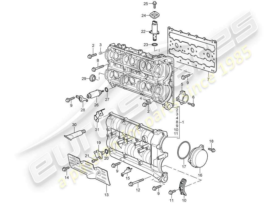 porsche 997 t/gt2 (2007) camshaft housing part diagram