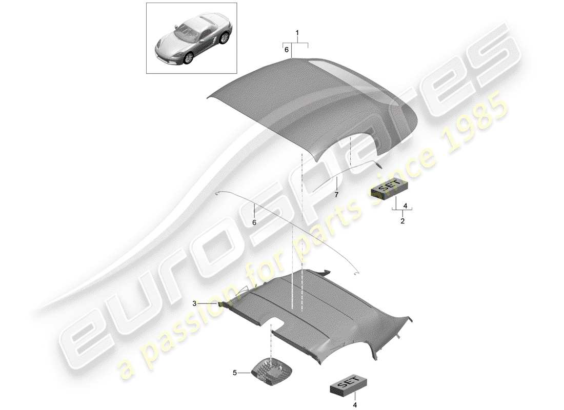 porsche 718 boxster (2018) convertible top covering part diagram