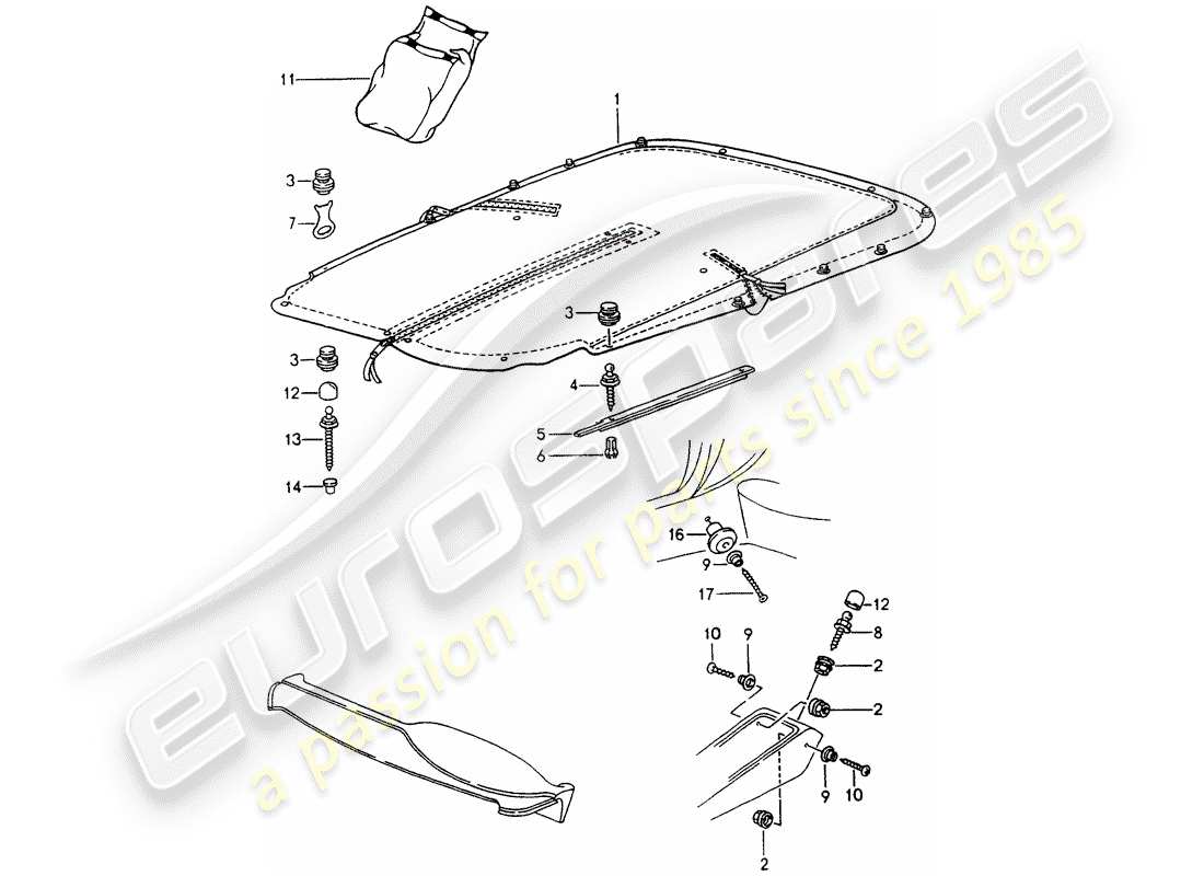 porsche 964 (1989) tonneau cover part diagram