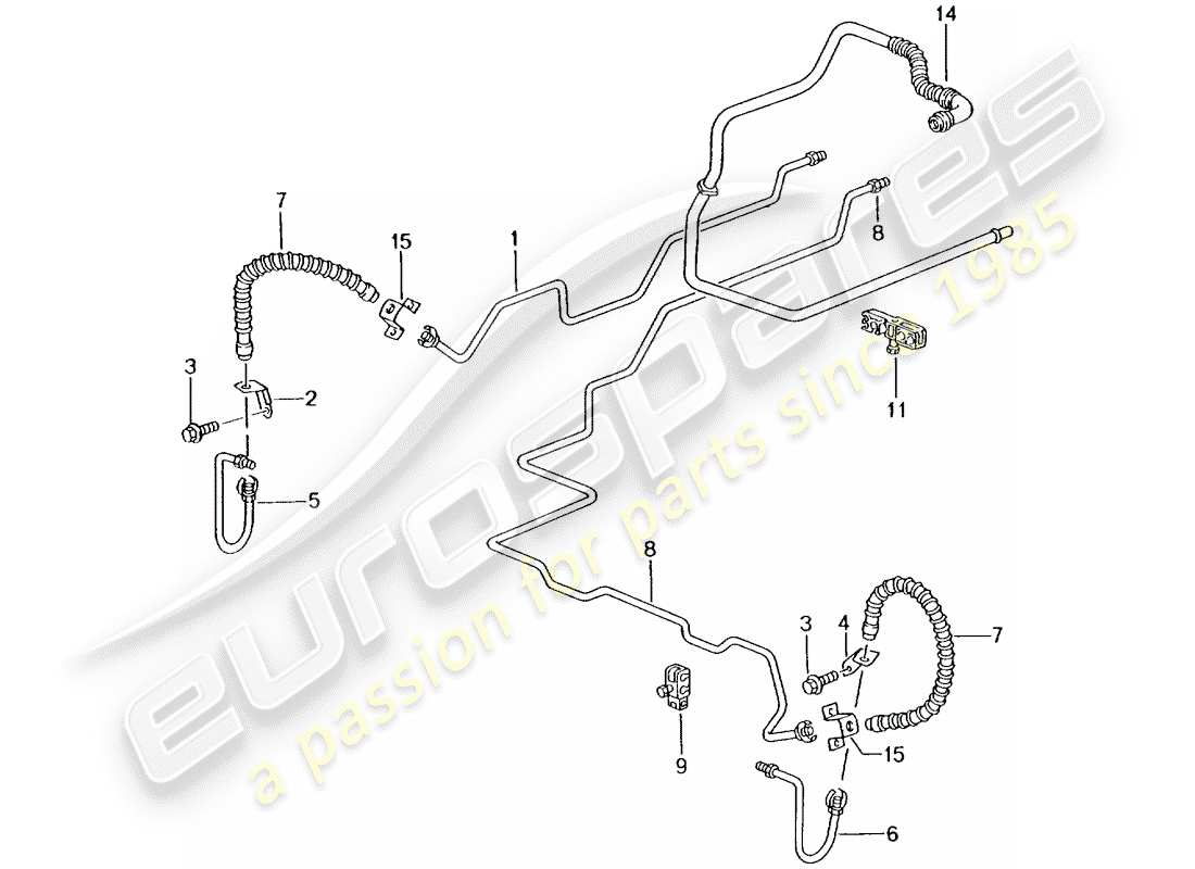 porsche 996 t/gt2 (2002) brake line - underbody - rear axle - vacuum line part diagram