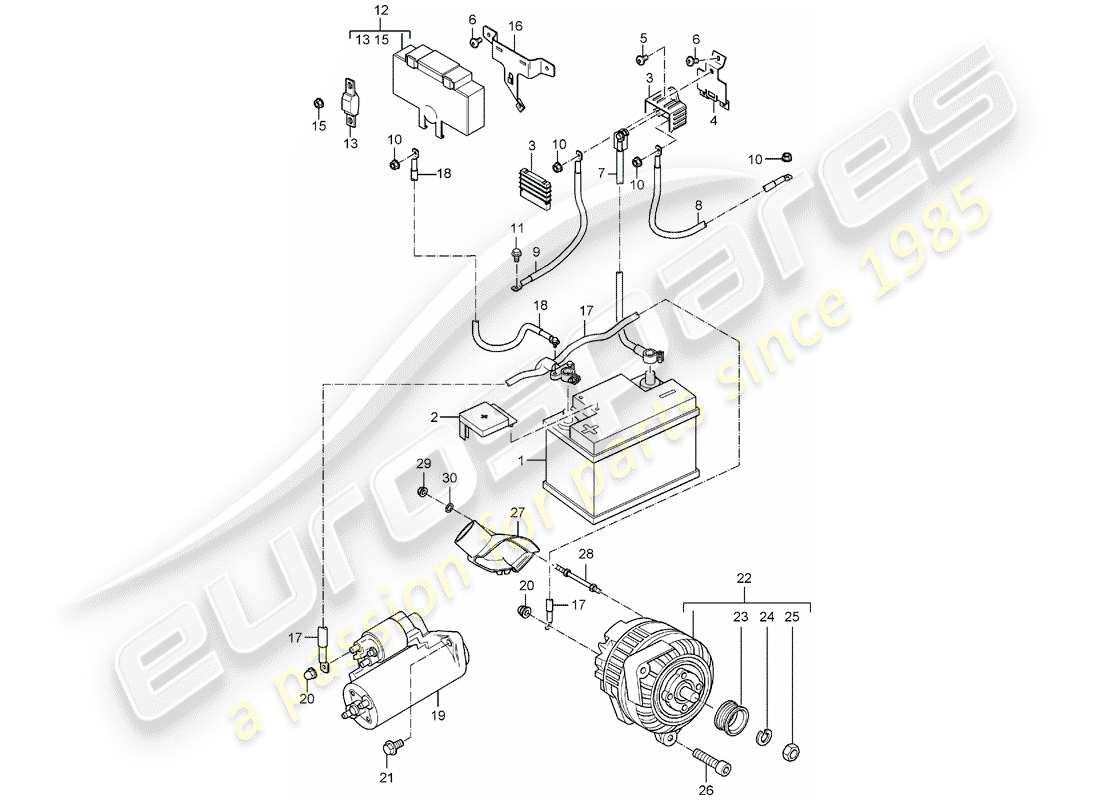 porsche carrera gt (2005) battery - ground distributor - junction box - starter - alternator part diagram