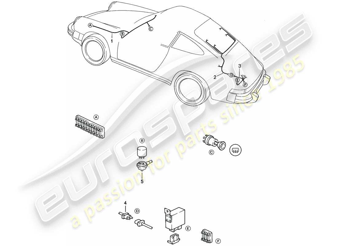 porsche 911 (1984) wiring harnesses - windscreen heating - rear window heating part diagram