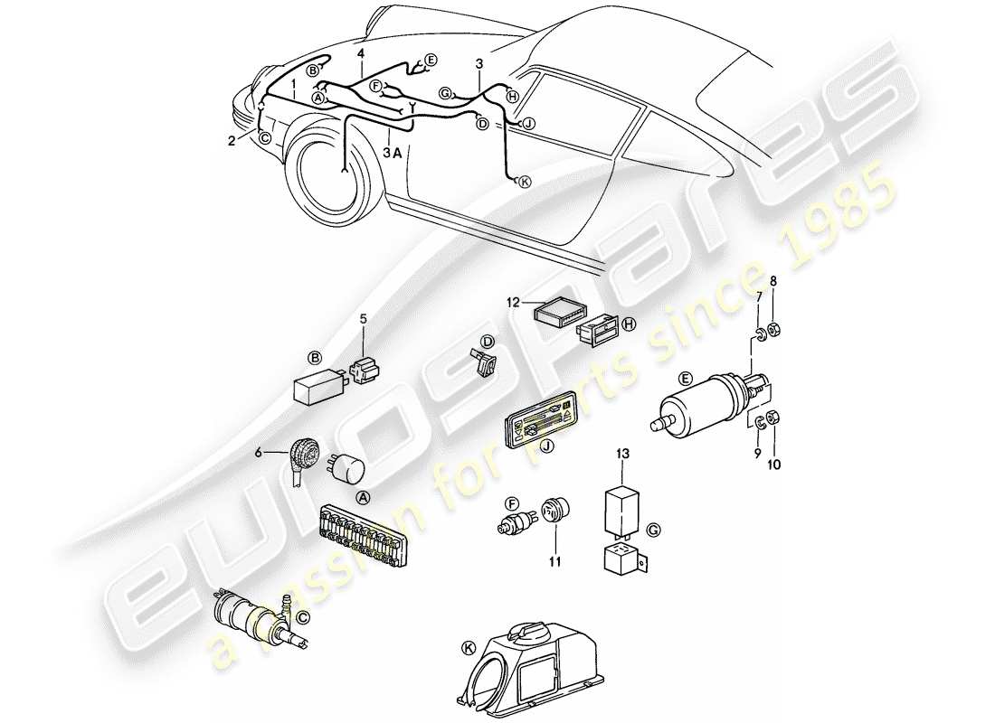 porsche 911 (1986) wiring harnesses - headlight washer system - warning lights - fuel pump part diagram