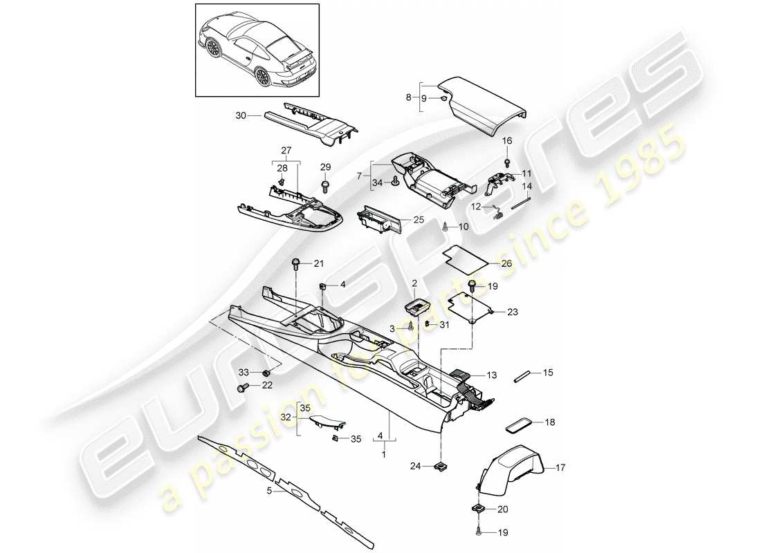 porsche 997 gt3 (2009) center console part diagram