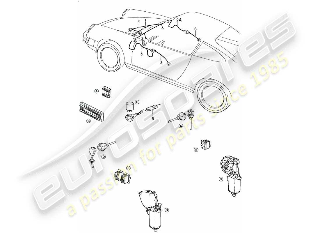 porsche 911 (1984) wiring harnesses - front luggage compartment - power window part diagram