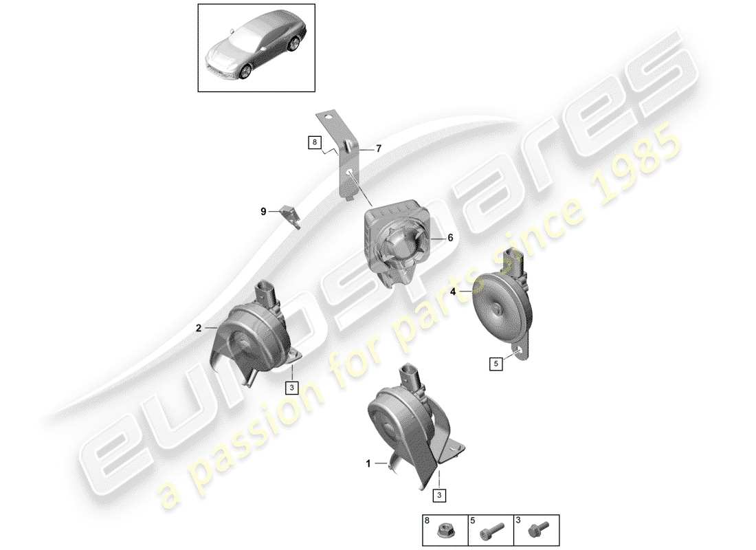 porsche panamera 971 (2019) fanfare horn part diagram