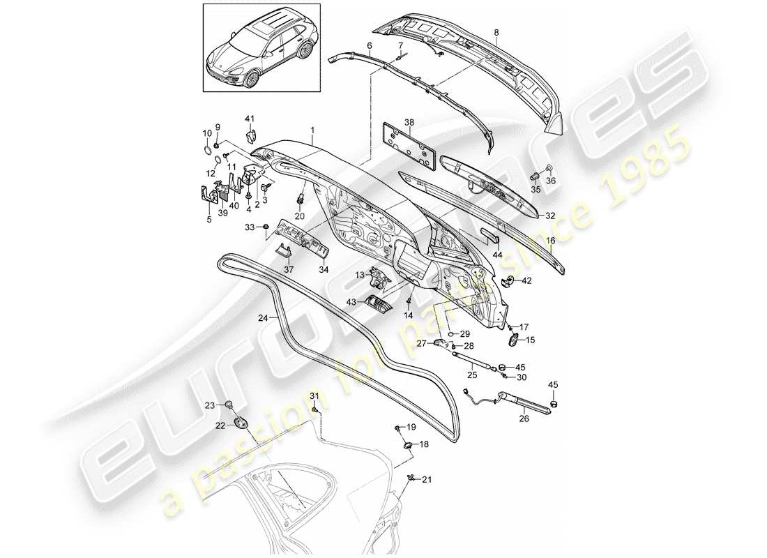 porsche cayenne e2 (2016) rear trunk lid part diagram