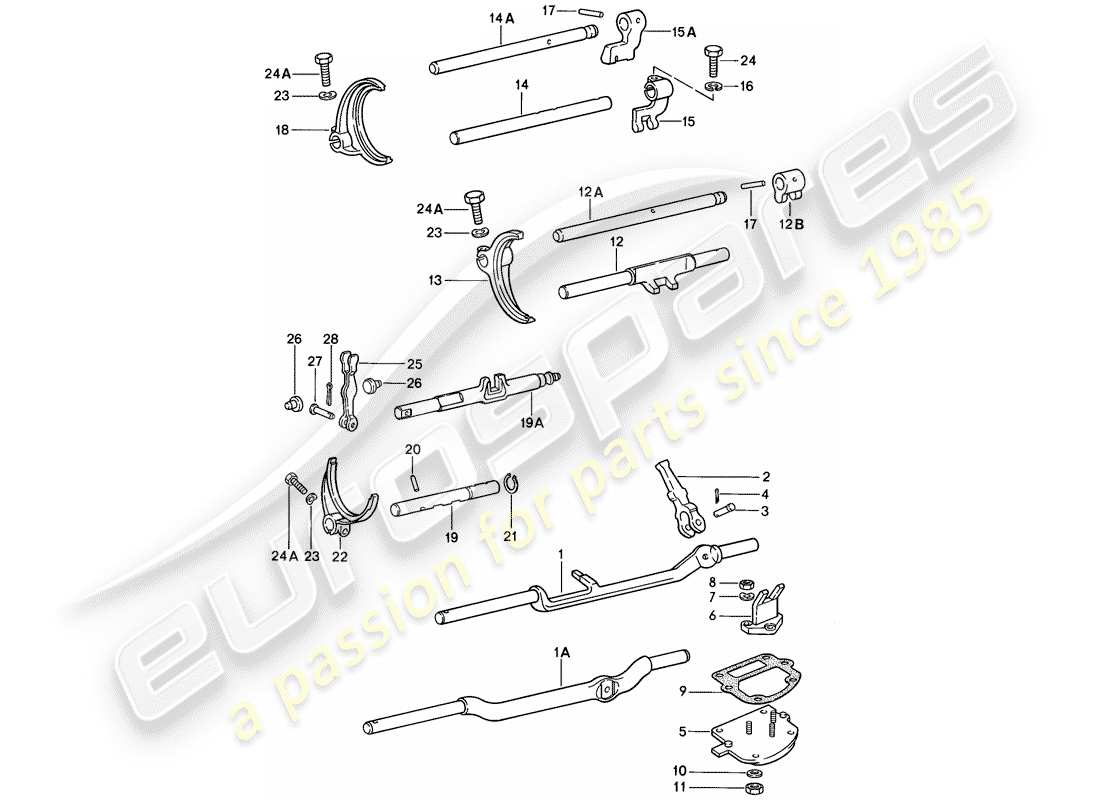 porsche 911 (1986) shift rods - shift forks - for - 4-speed - and - 5-speed part diagram