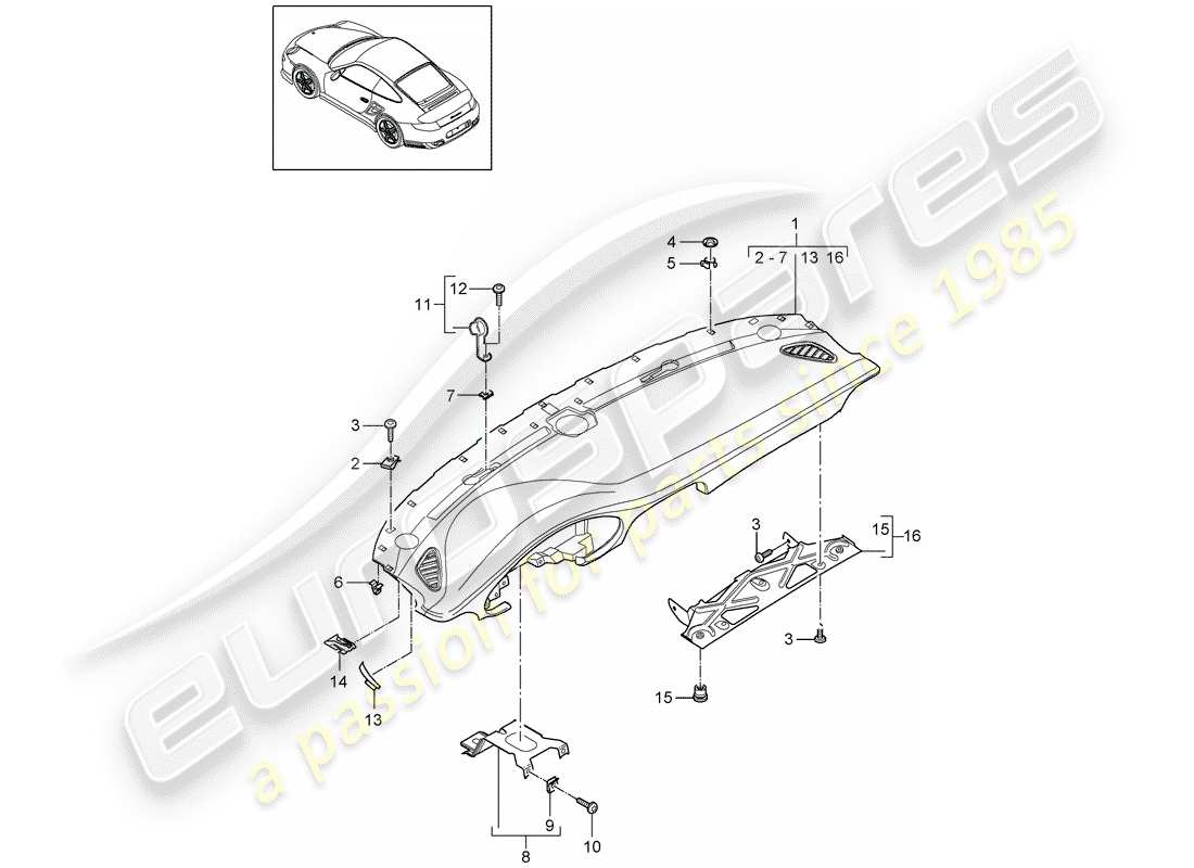 porsche 911 t/gt2rs (2013) dash panel trim part diagram