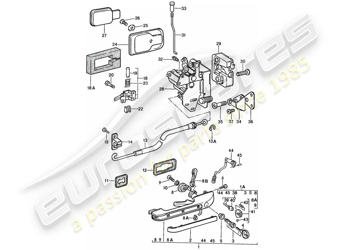 porsche 924s (1986) door handle, outer - door latch part diagram