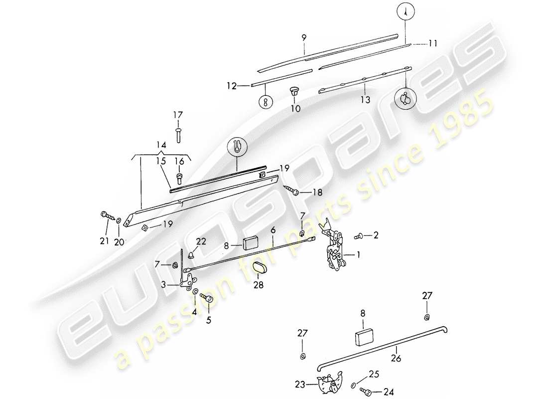 porsche 911 (1972) door latch - with installation parts part diagram