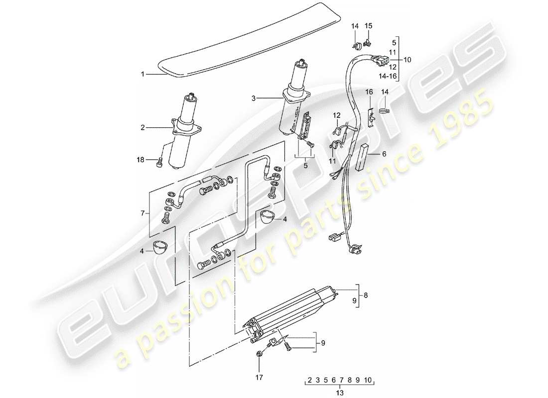 porsche 996 t/gt2 (2001) rear spoiler part diagram