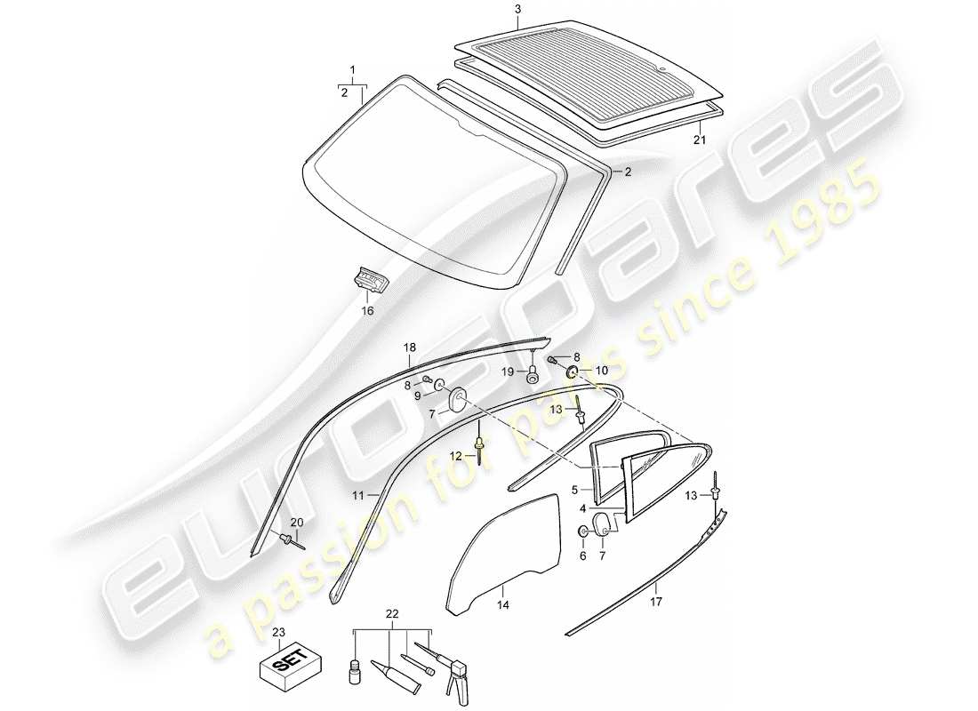 porsche 997 (2005) window glazing part diagram