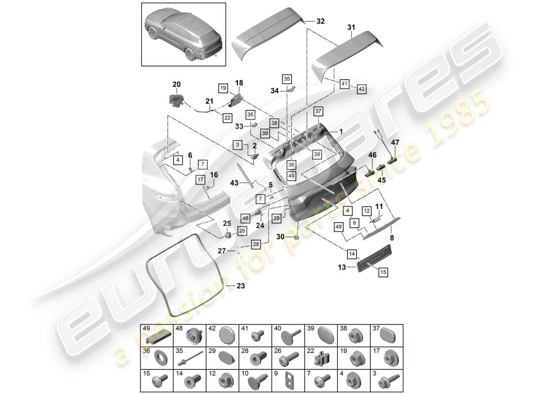 porsche cayenne e3 (2018) rear trunk lid part diagram