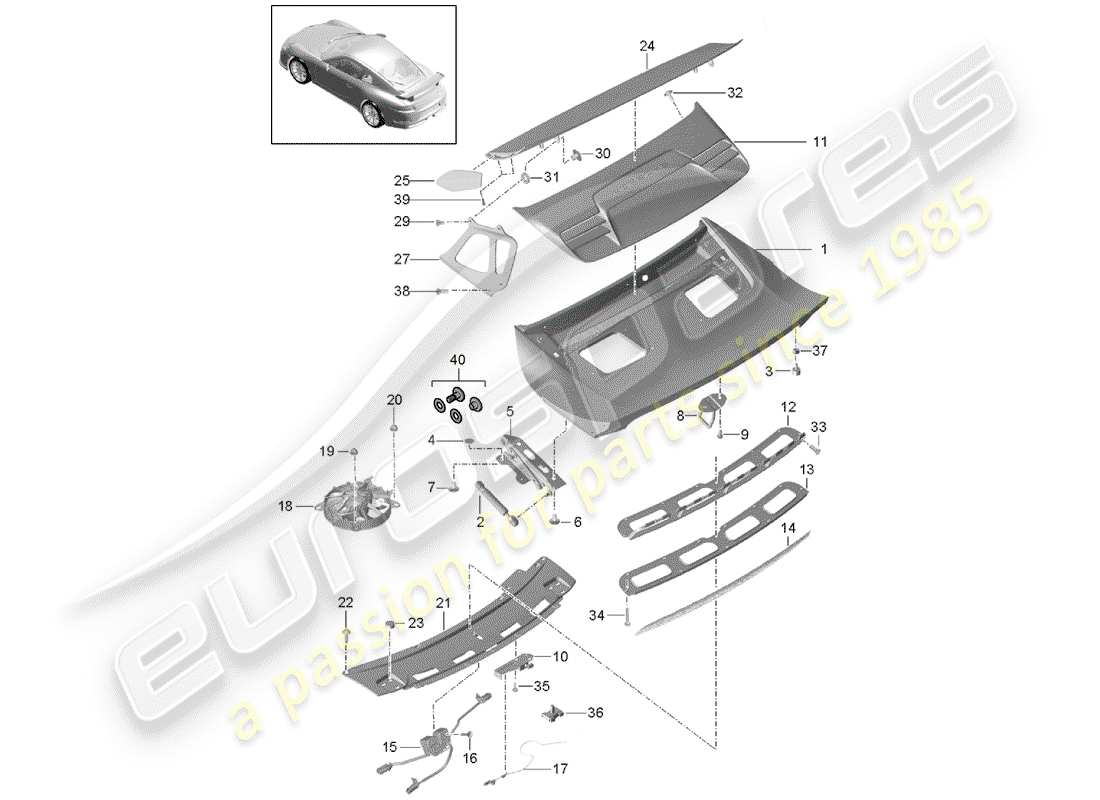 porsche 991r/gt3/rs (2019) rear spoiler part diagram