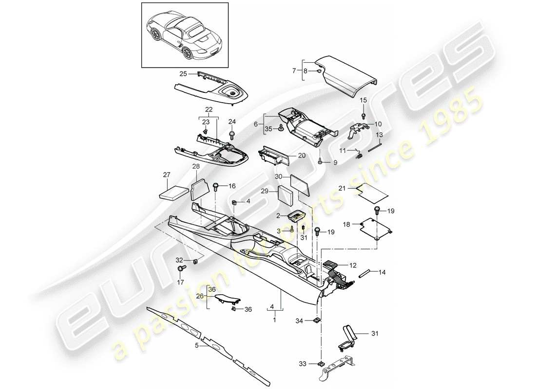 porsche boxster 987 (2009) center console part diagram