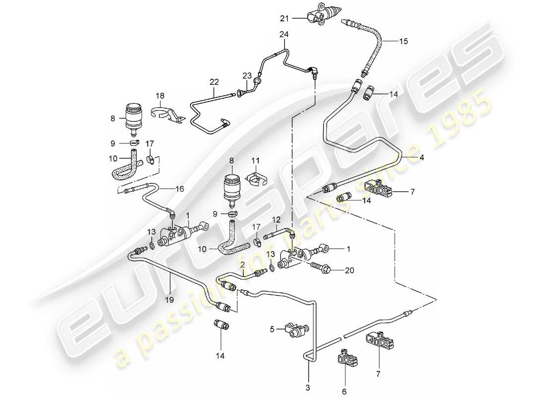 porsche 996 t/gt2 (2001) hydraulic clutch - operation - clutch master cylinder - hydraulic clutch pipe part diagram