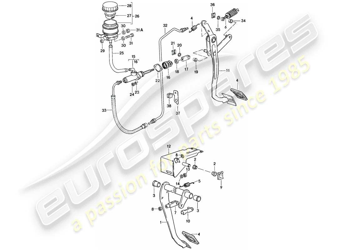 porsche 944 (1988) brake - clutch - pedals part diagram