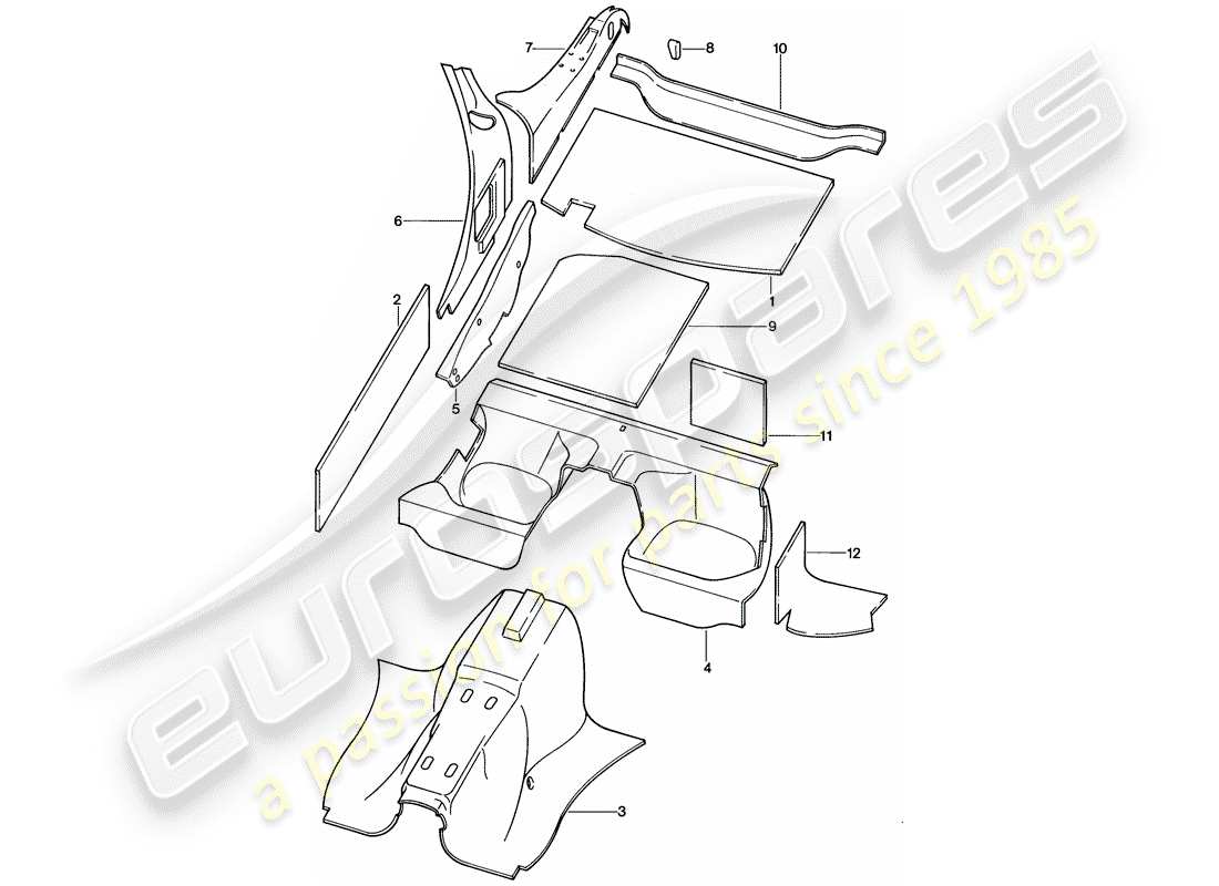 porsche 928 (1984) body shell - sound absorbers part diagram