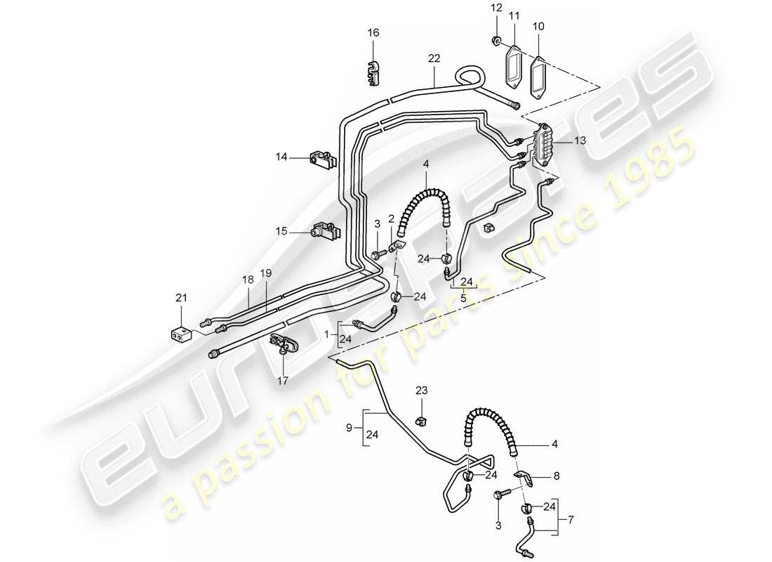 porsche 997 t/gt2 (2009) brake line part diagram