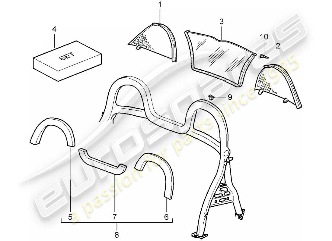 porsche boxster 986 (1998) windscreen - and - trims - roll bar part diagram