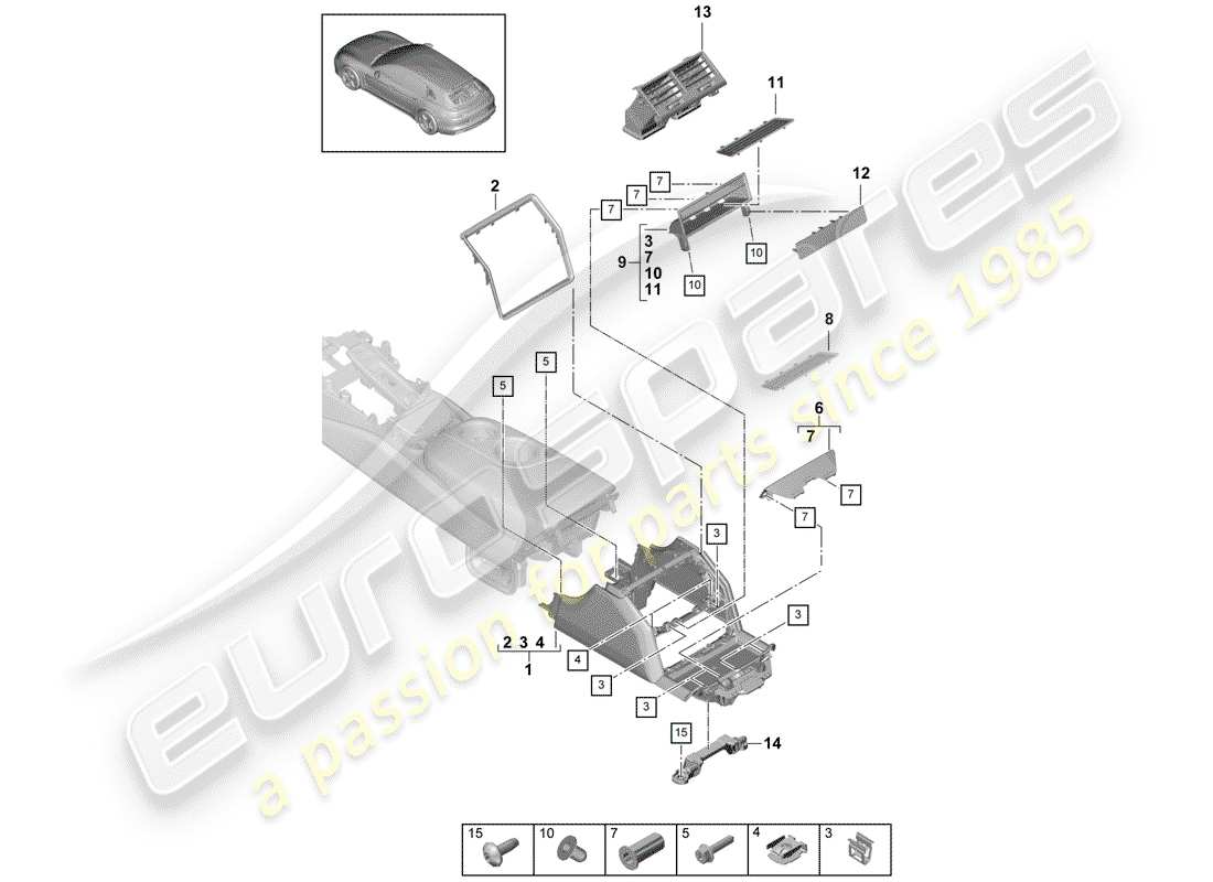 porsche panamera 971 (2020) center console part diagram