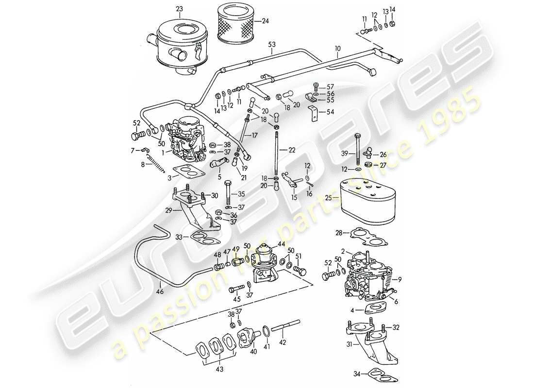 porsche 356b/356c (1964) carburetor - and - fuel supply line part diagram