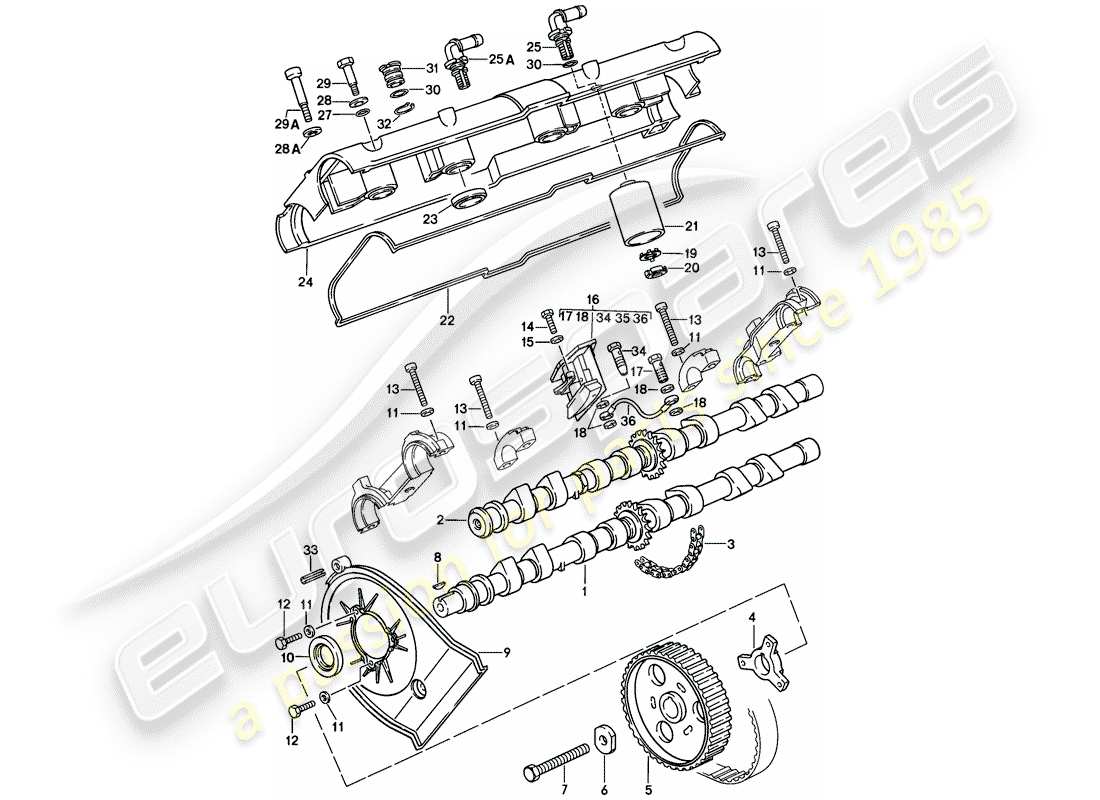 porsche 928 (1986) camshaft - driving mechanism - 4 - valve - d - mj 1985>> part diagram