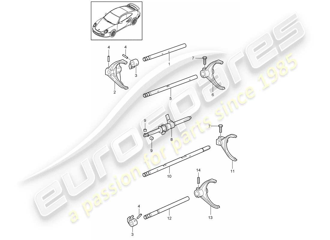 porsche 911 t/gt2rs (2011) selector shaft part diagram